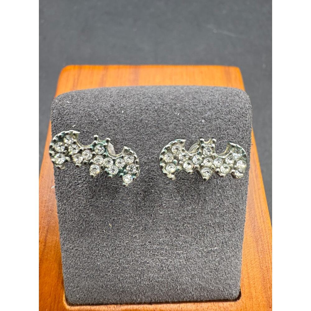 Vintage DC Comics Logo Batman Signed Diamond Silver Tone Stud Earrings